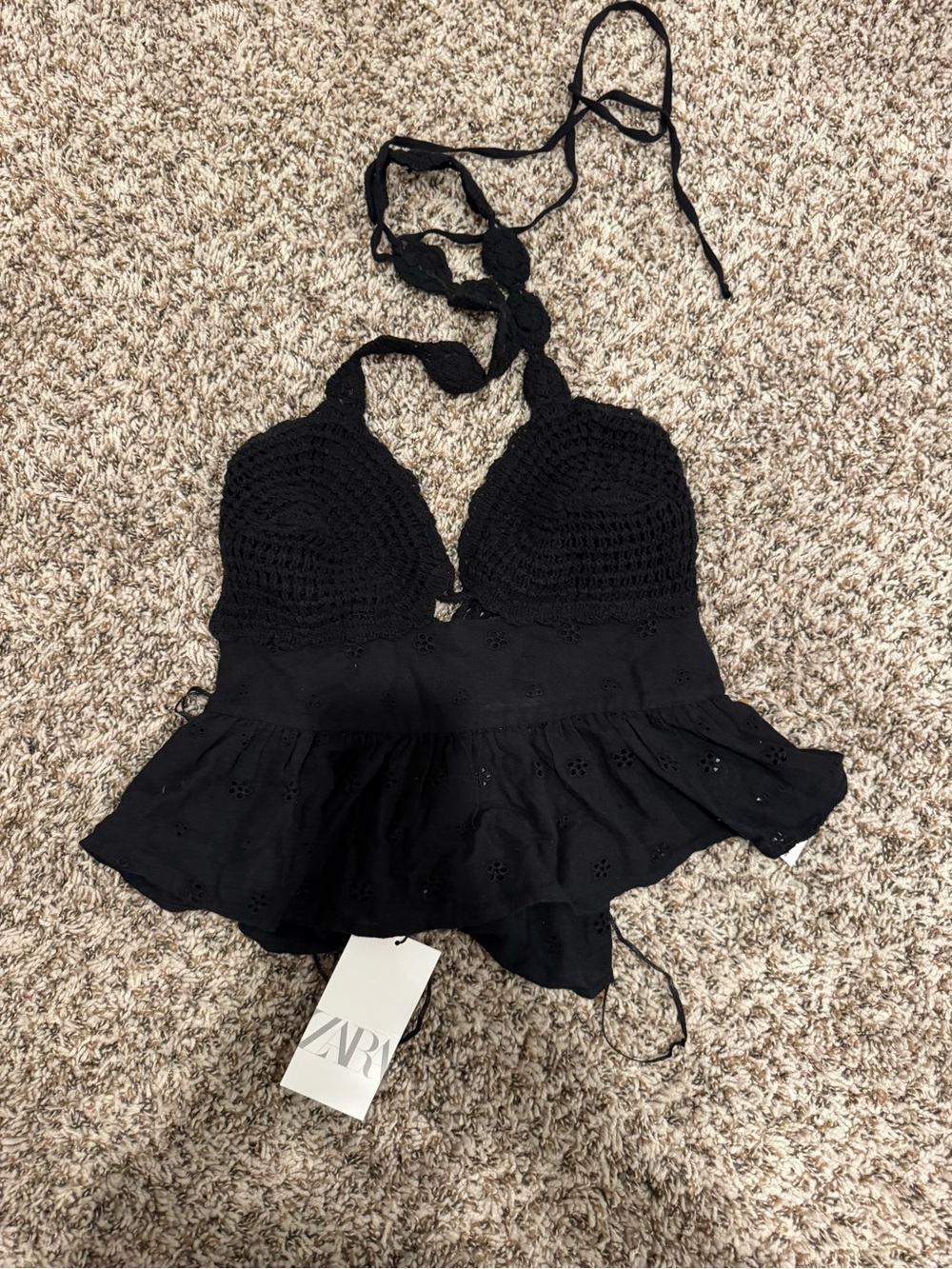 Zara Crochet Cropped Halter Top Black